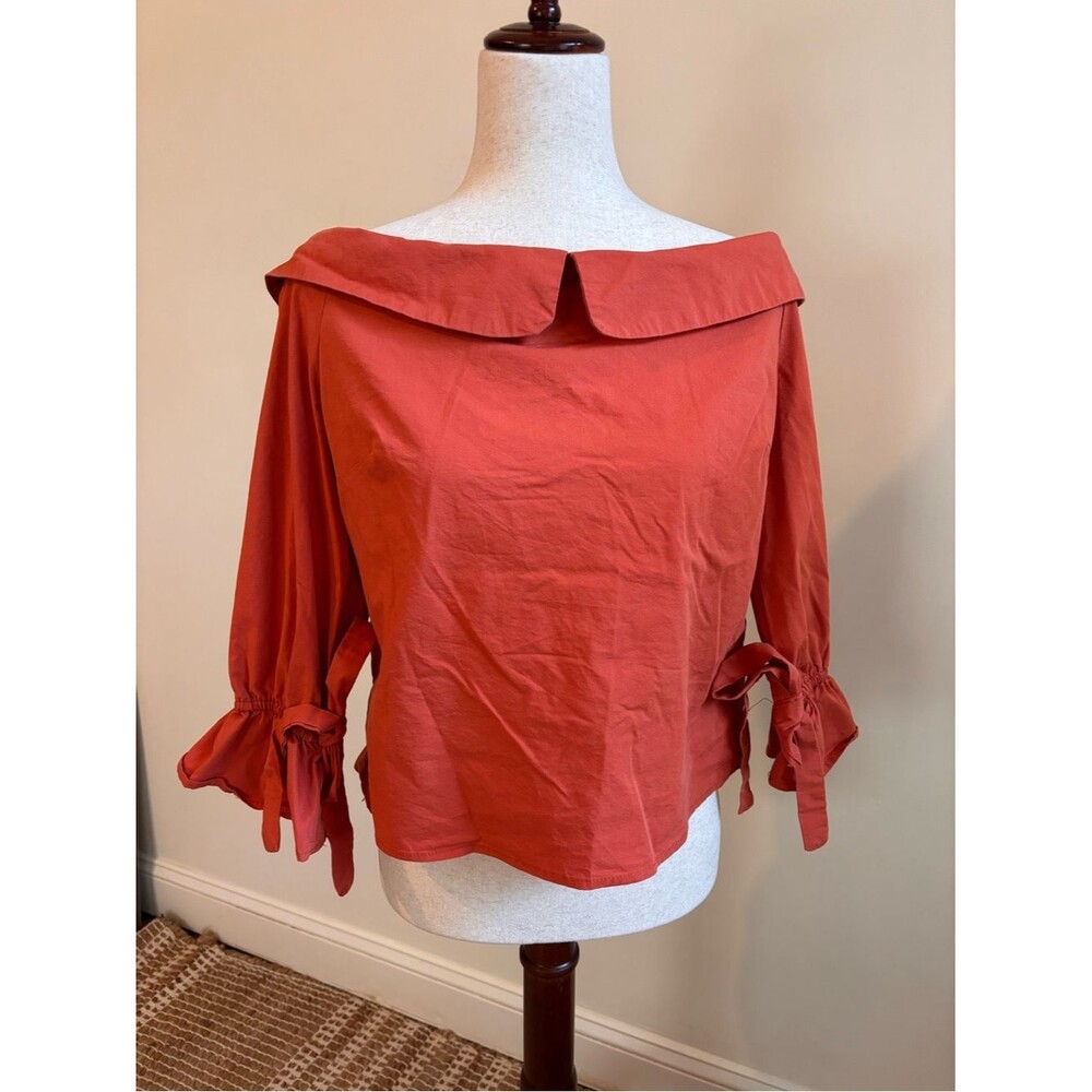 New York & Company Off Shoulder Top Medium Orange Tie Sleeve Ruffle Blouse